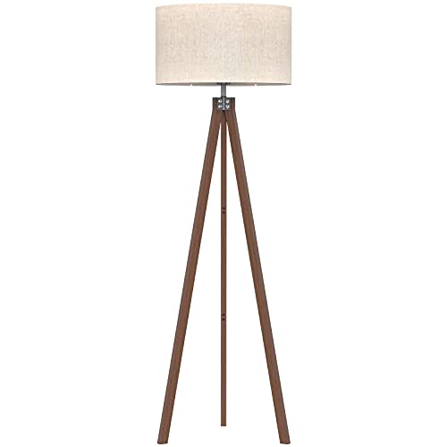 Modern tripod floor lamp with wooden legs and a beige drum shade.