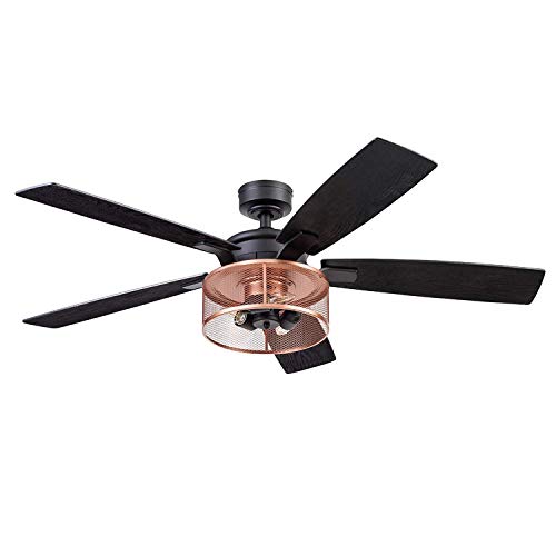 Modern ceiling fan with black wooden blades and a copper-finished industrial-style light fixture.