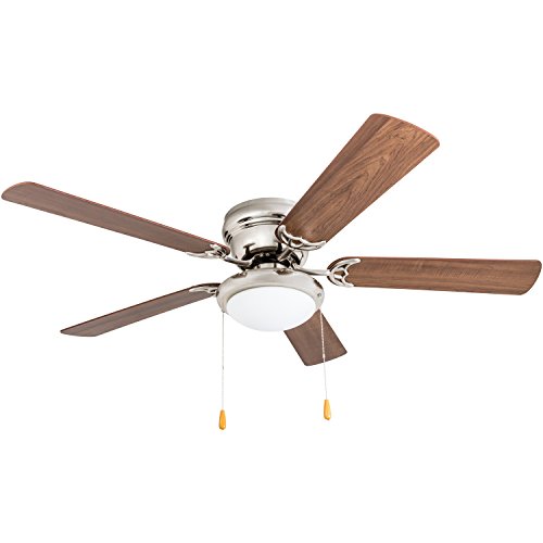 Brushed nickel ceiling fan with wooden blades, frosted dome light, and pull chains.