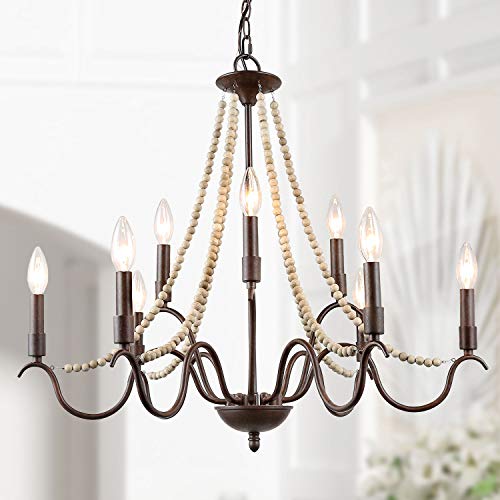 Rustic chandelier with eight candle-style lights and decorative wood bead strands.