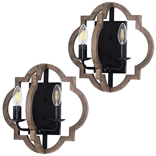 Set of two rustic wall sconces with wooden frames and black candle-style lights.