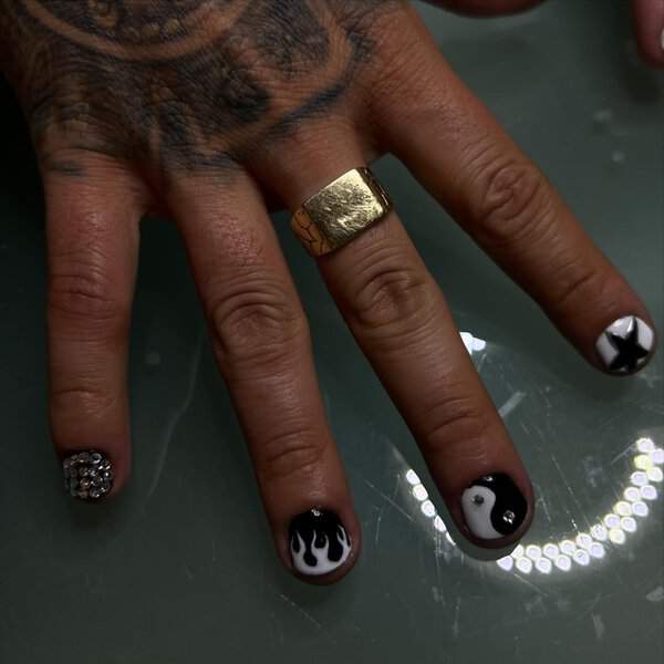 Black and White Nails with Rhinestones