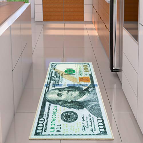 Dollar bill rug in a modern kitchen with glossy tiled floor and sleek cabinets.