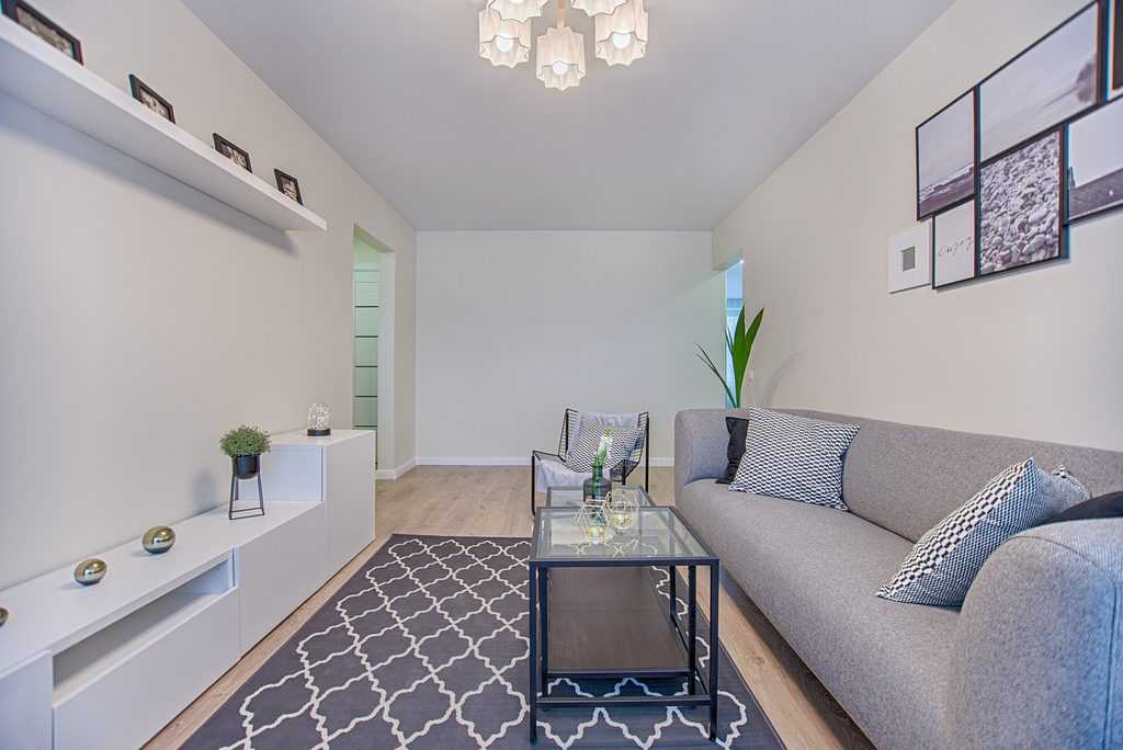 Bright minimalist living room with a gray sofa, geometric rug, glass coffee table, and modern decor accents