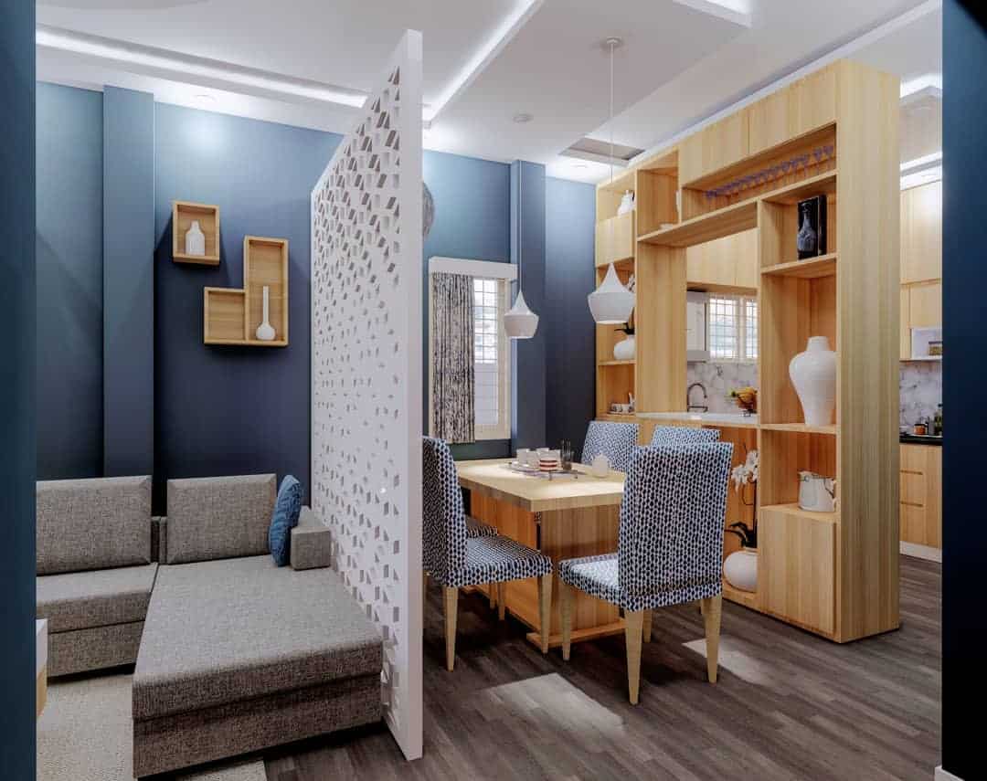 small apartment with blue walls and white room divider