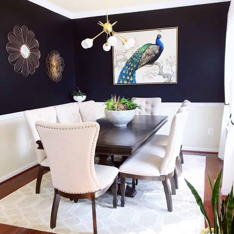 two tone blue and white walls peacock art work sputnik chandelier brown table white chairs 