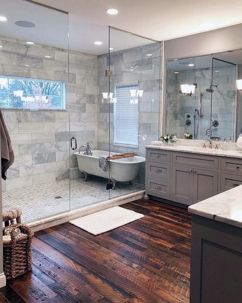 awesome master bathroom ideas with hardwood flooring