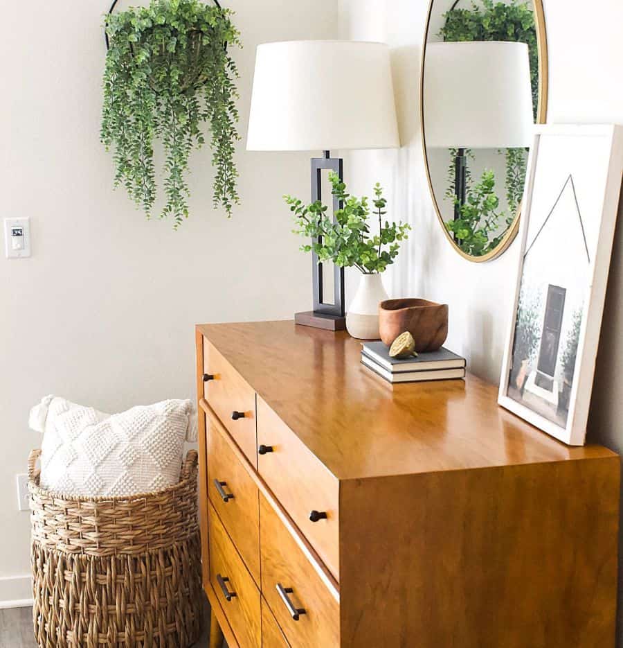 Wooden dresser with mirror, hanging plants, table lamp, and decorative accents.