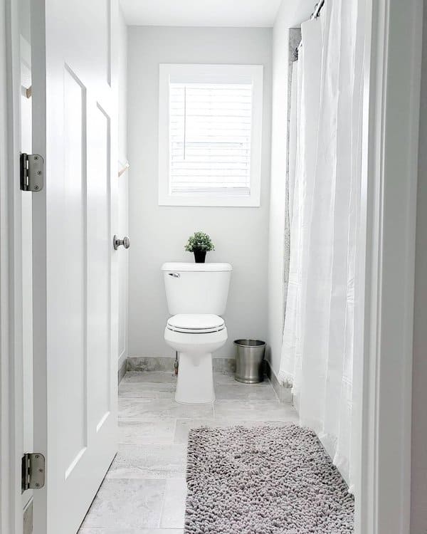 Minimalist bathroom with white shower curtain, grey rug, and small potted plant.