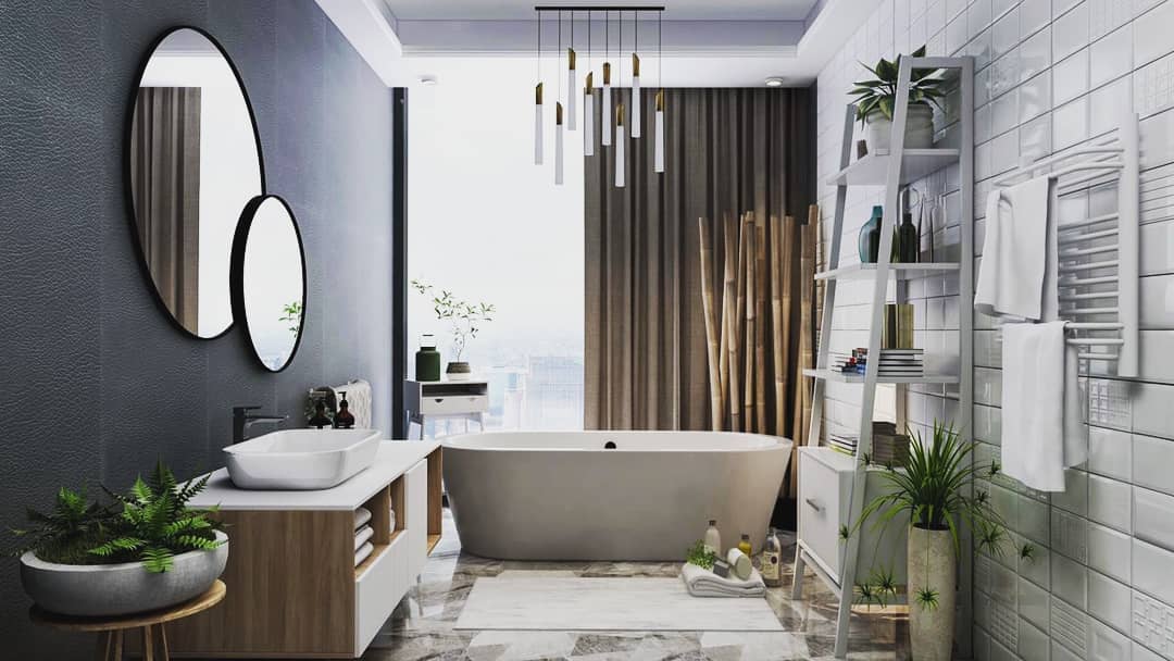 Contemporary bathroom with a freestanding tub, earthy tones, and a floor-to-ceiling curtain as a backdrop.