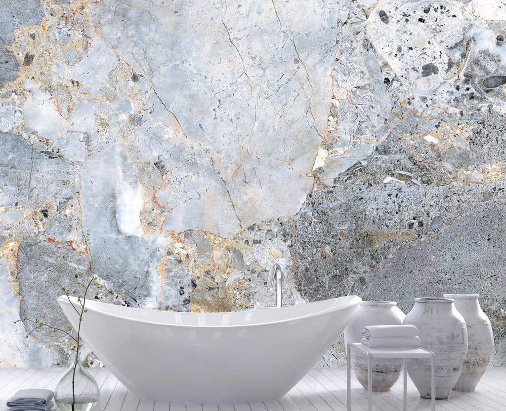 unique stone wall mural bathroom freestanding white tub 