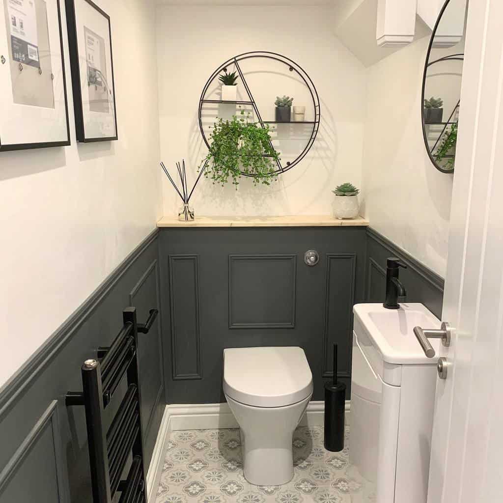 white wall gray paneling small modern powder room