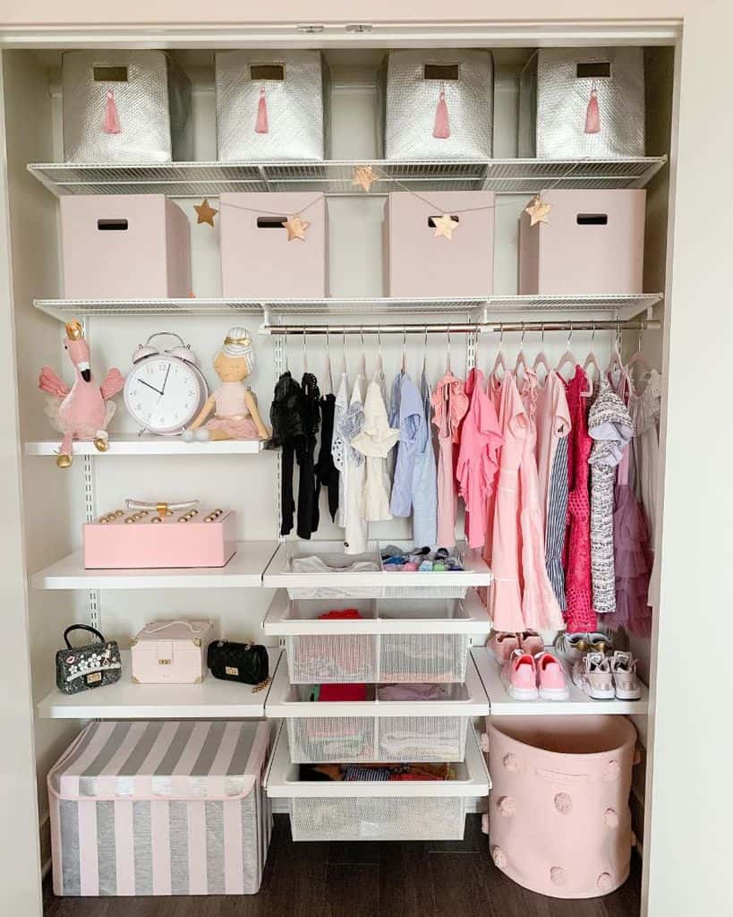 Organized closet with storage bins, hanging clothes, and neatly arranged shoes and accessories.