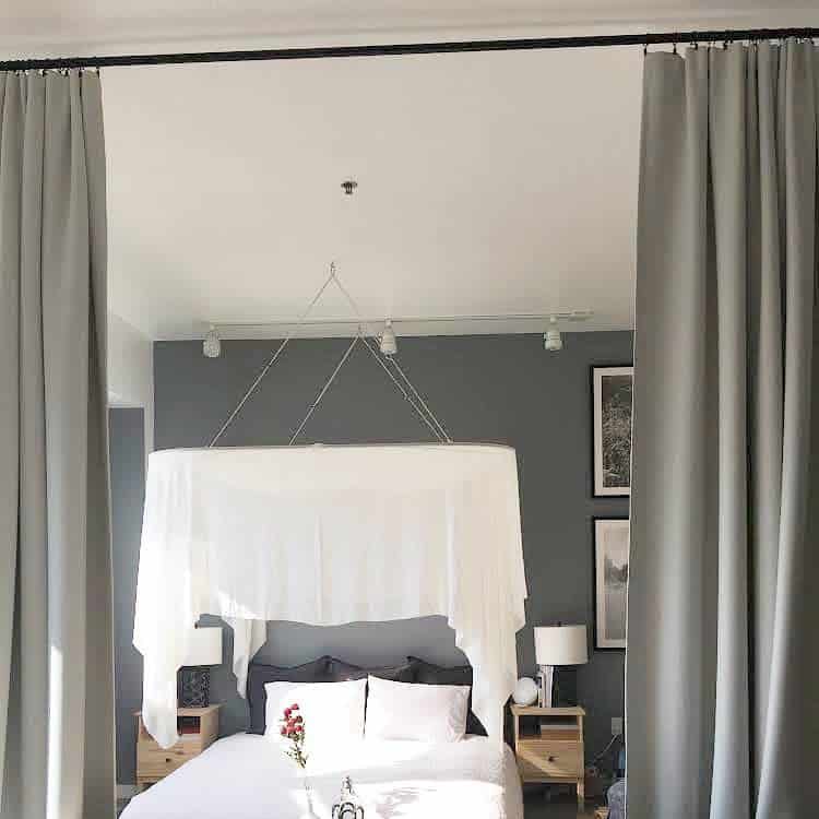 gray bedroom with curtains 