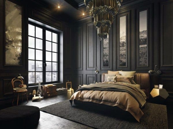 Elegant black bedroom with gold accents, large windows, and luxurious textured furnishings.