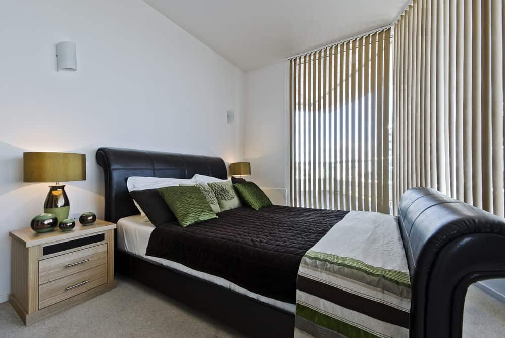 white blinds bedroom black leather bed frame 