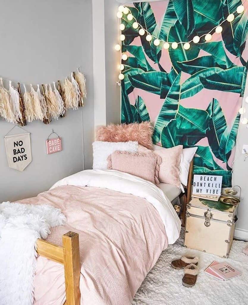 boho girls bedroom hanging lights palm left wall 