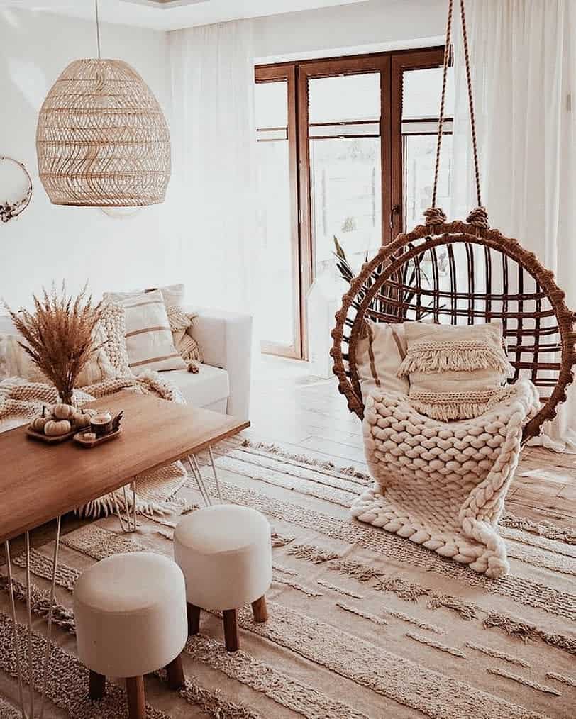 boho living room hanging rope chair white sofa wood coffee table small stools