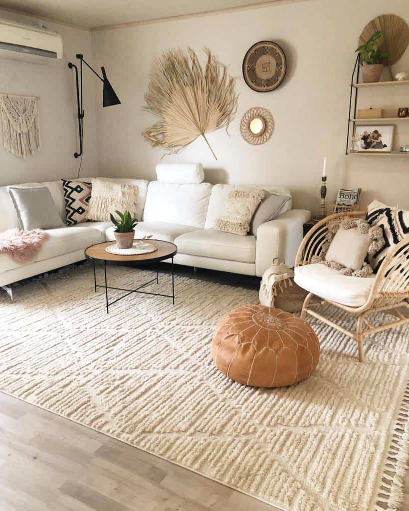 boho living room white sofa cane chair orange footrest 