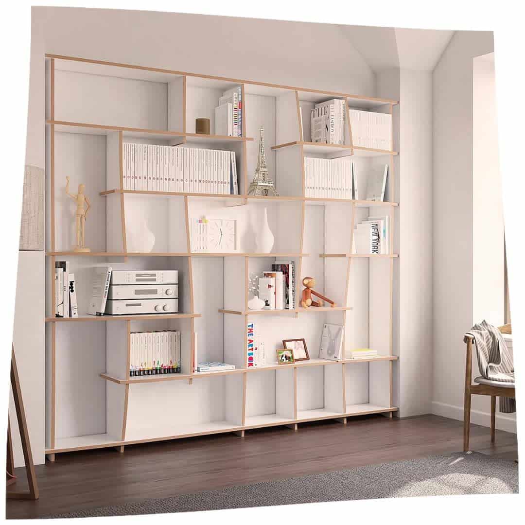 temporary white wood bookcase in living room 