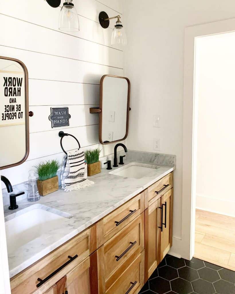 boys bathroom wood vanity cabinet marble countertop dual sinks and mirrors