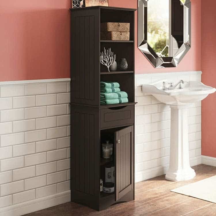 Tall black bathroom cabinet with open shelves, drawer, and lower door storage.