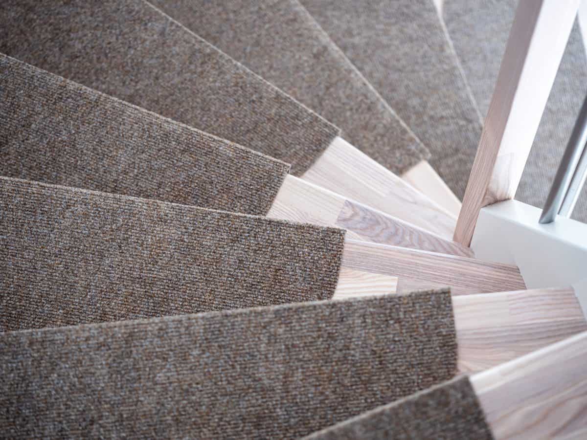 Close-up of a staircase with textured brown carpet on wooden steps.