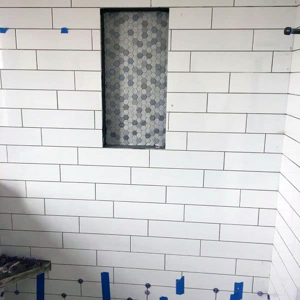 Contemporary White Subway And Hexagon Grey Tile Excellent Interior Ideas Shower Niche