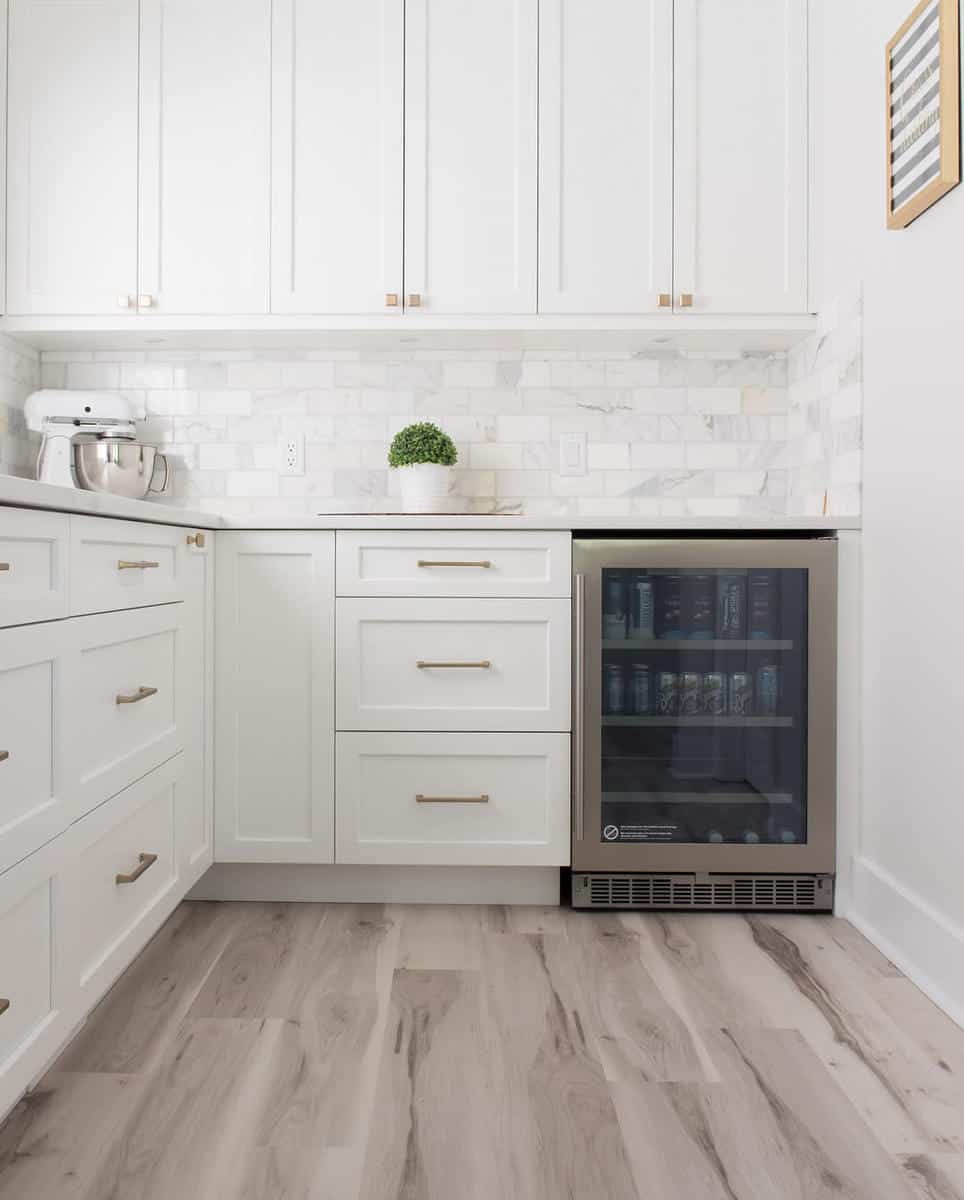 white butler's pantry wall cabinets fridge