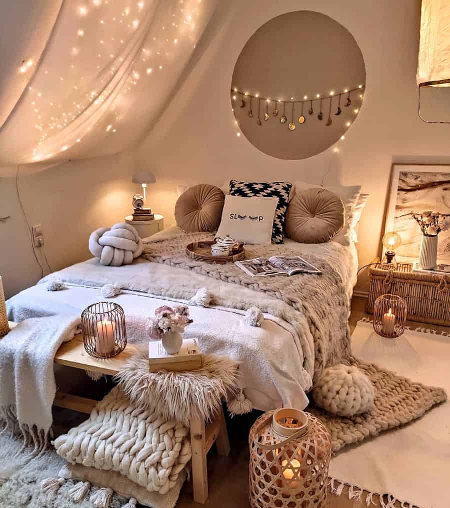 Warm and inviting boho bedroom with soft lighting, layered textures, and cozy accents.