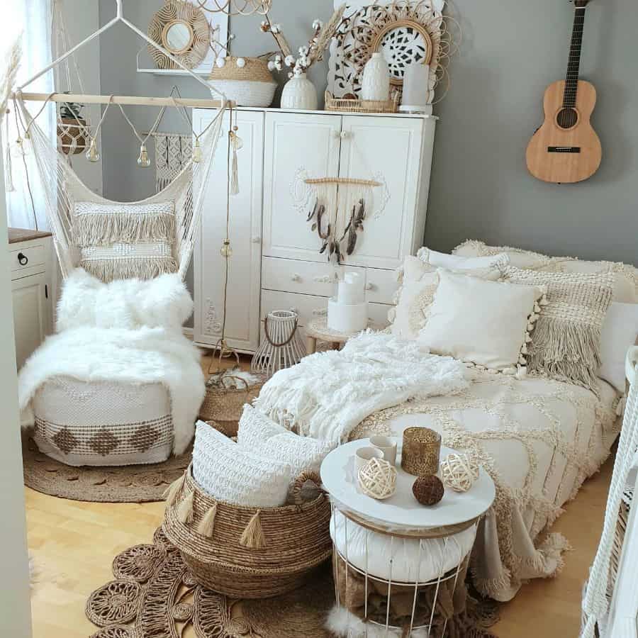 Cozy boho bedroom with macrame decor, fluffy textures, wicker accents, and neutral tones.