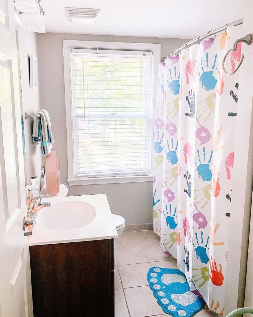 colorful handprint shower curtain kids bathroom 