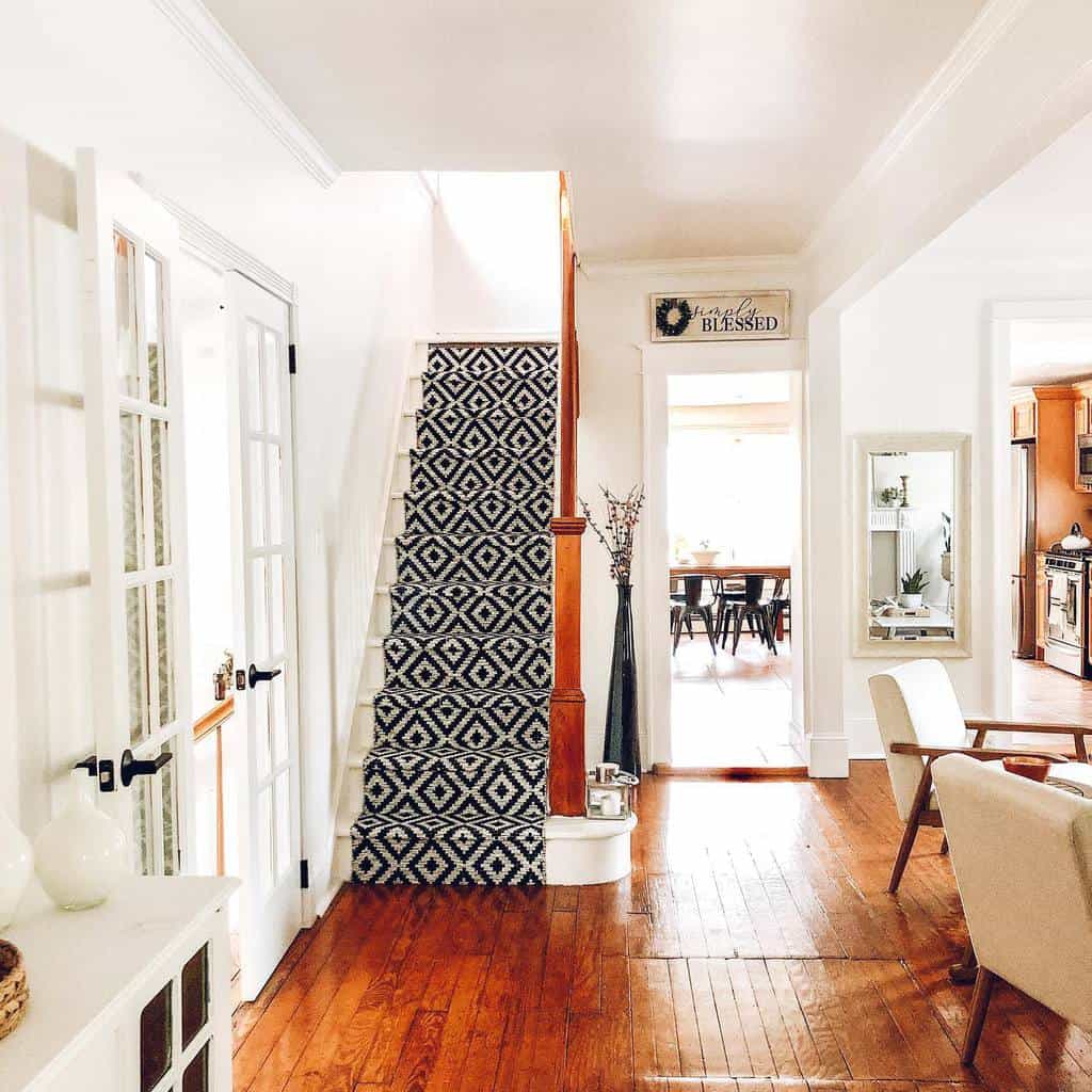 black and white stair runner country style home