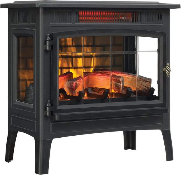 Freestanding electric fireplace with realistic log design and heating functionality.