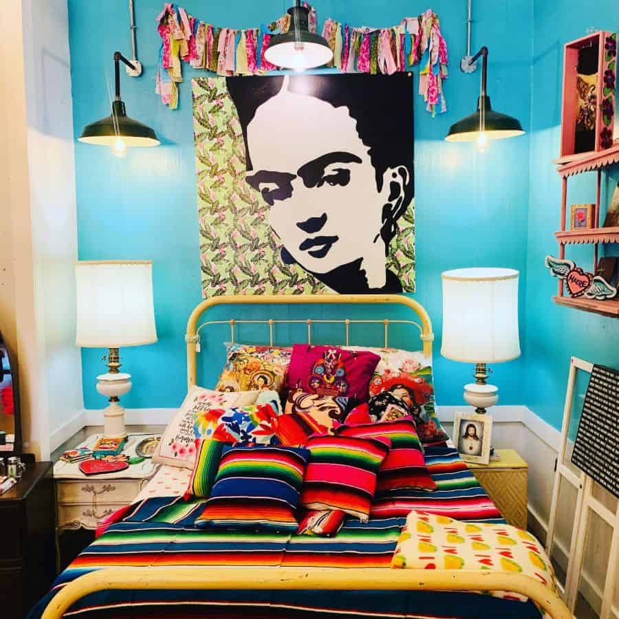 Colorful bedroom with Frida Kahlo art, vibrant textiles, and eclectic boho decor accents.