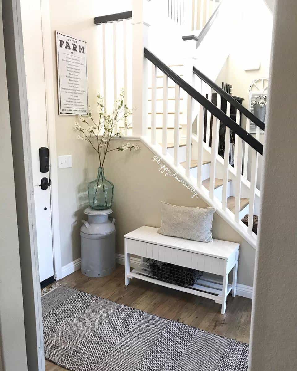 white staircase in farmhouse style home