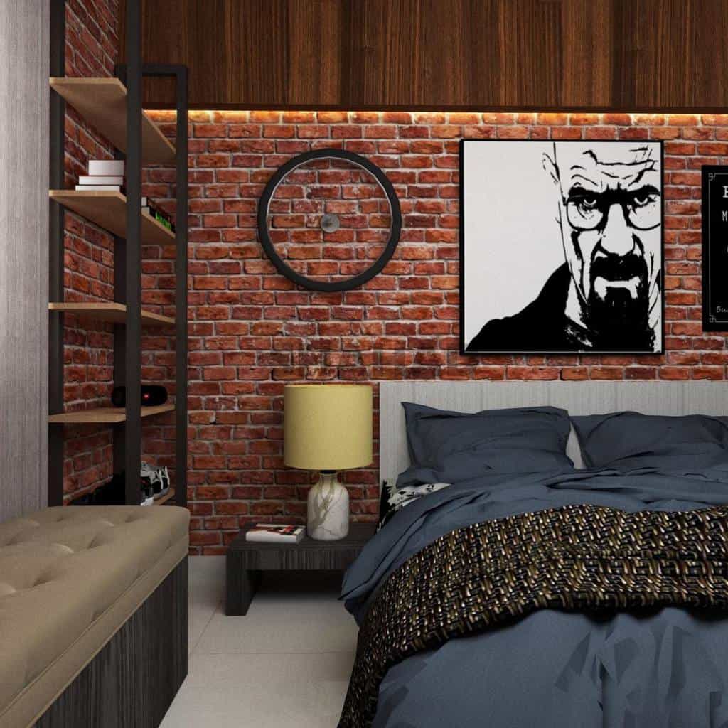 Basement bedroom with brick wall, Breaking Bad poster, shelves, and modern bedding.