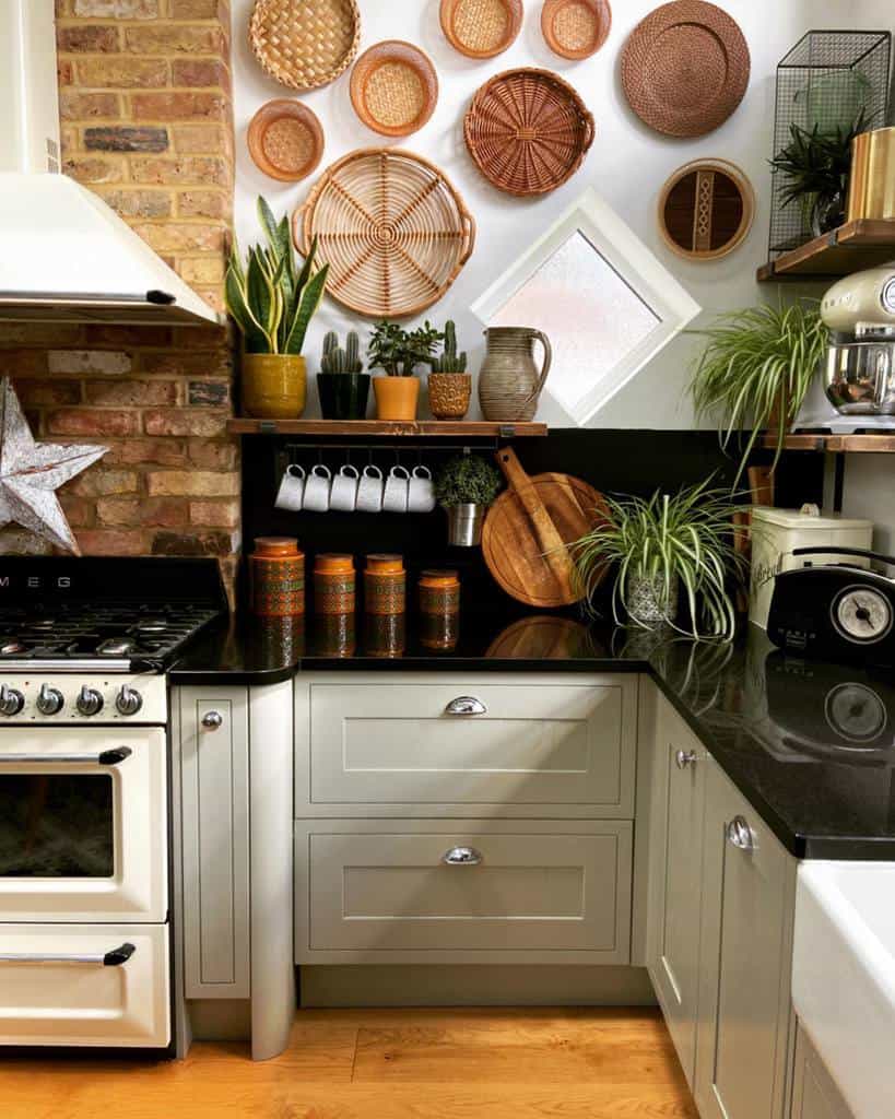 retro kitchen brick backsplash wicker wall baskets 