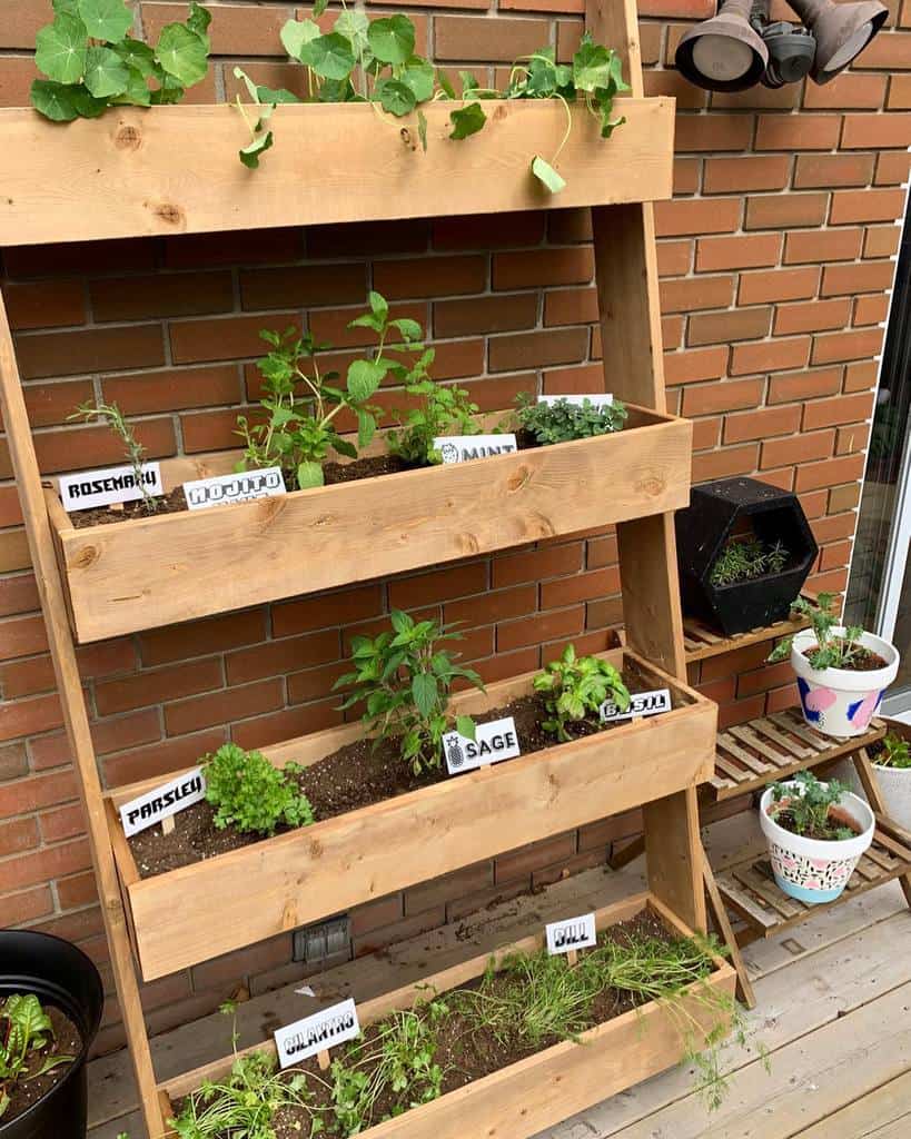 wood wall herb garden planter brick wall