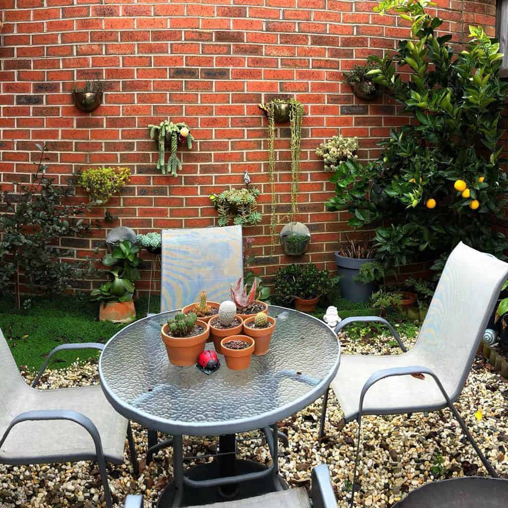 plants hanging on brick wall and outdoor furniture 