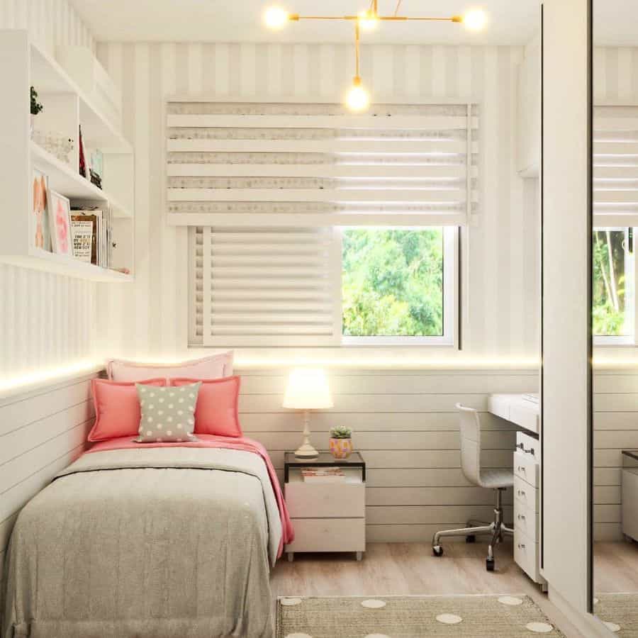 small girls bedroom with desk and sputnik chandelier