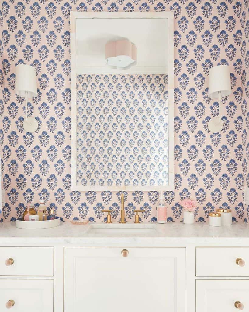 floral wallpaper white vanity with gold accents bathroom