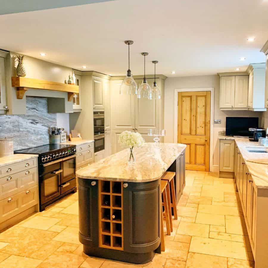 large kitchen with round edge island 