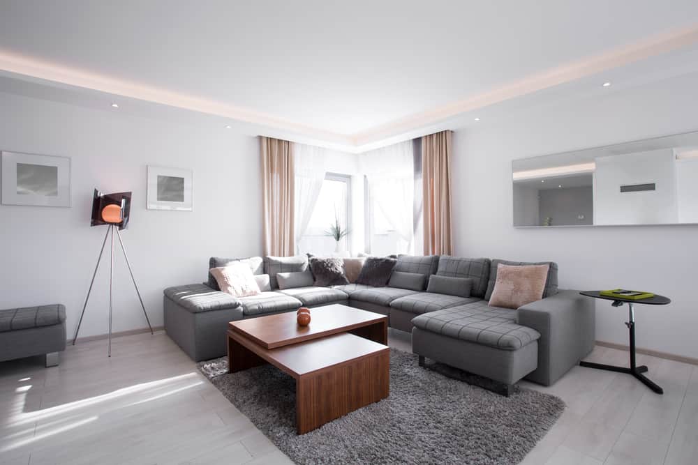 Modern living room with a gray sectional sofa, wooden coffee table, cozy rug, and soft natural light from corner windows