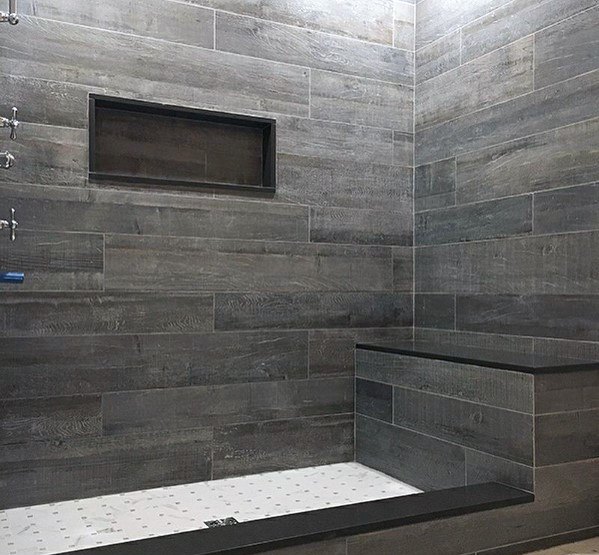 Grey And Black Tile Luxury Bathroom Shower Bench Ideas