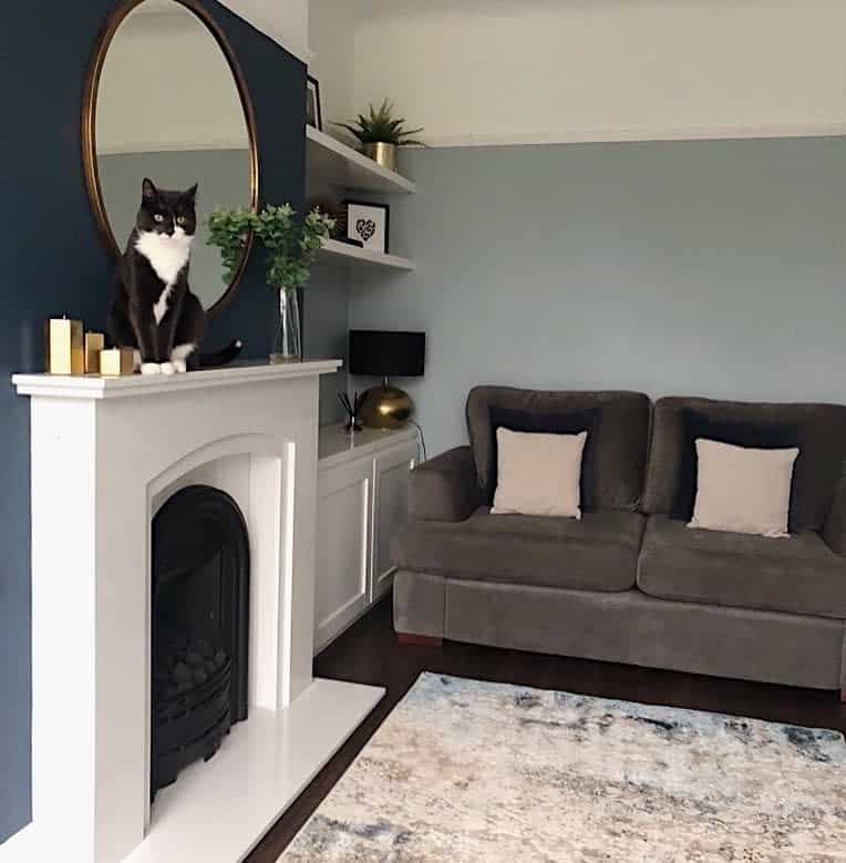 blue accent wall living room white fireplace gray sofa