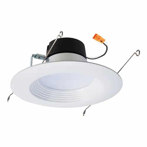 Round dimmable recessed LED downlight with a white trim and warm white glow.