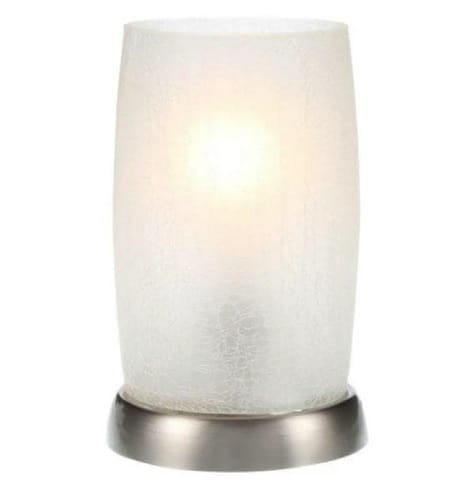 Brushed nickel accent lamp with frosted crackled glass shade and soft warm light.