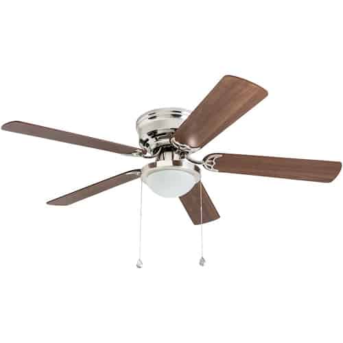 Ceiling fan with a brushed nickel finish, wooden blades, and a frosted dome light fixture.