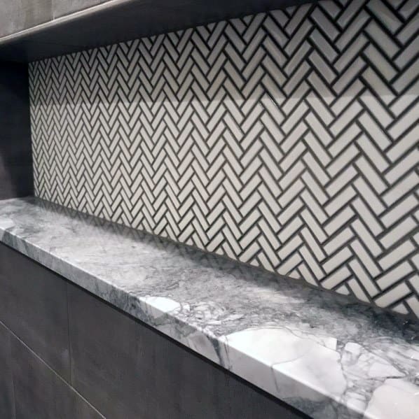 Herringbone Shower Niche White Tile Ideas With Marble Shelf And Grey Grout